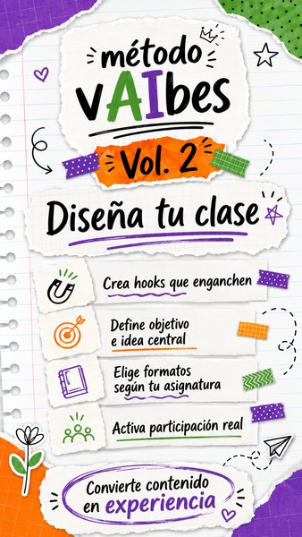 📗 Vol. 2: Diseña tu clase Transforma tus contenidos en clases con estructura, hook, idea central, participación activa y ajustes con IA.