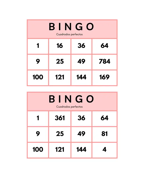 Bingo cuadrados perfectos