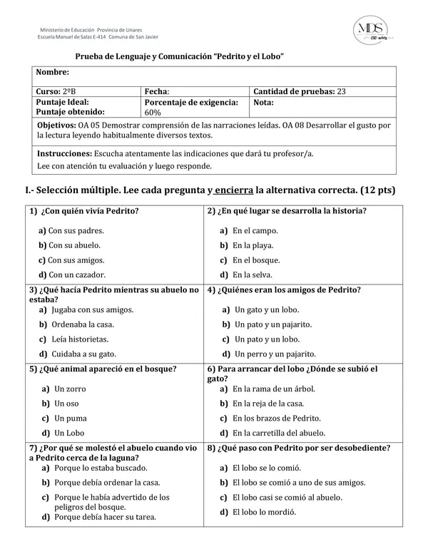 Prueba Pedrito y el lobo 2° básico