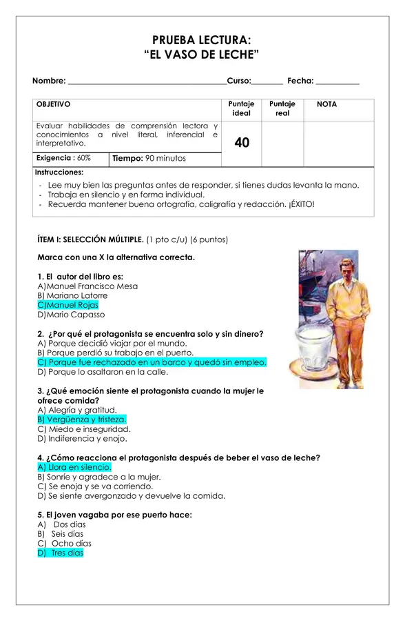 Prueba Lectura - El vaso de leche