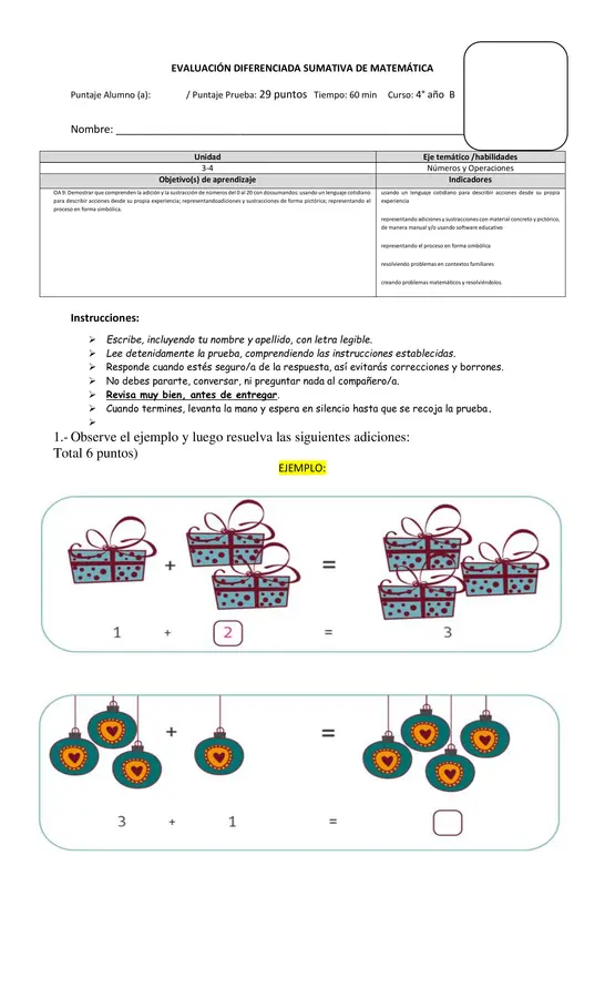 Evaluación sumativa Diferenciada de Matemática 