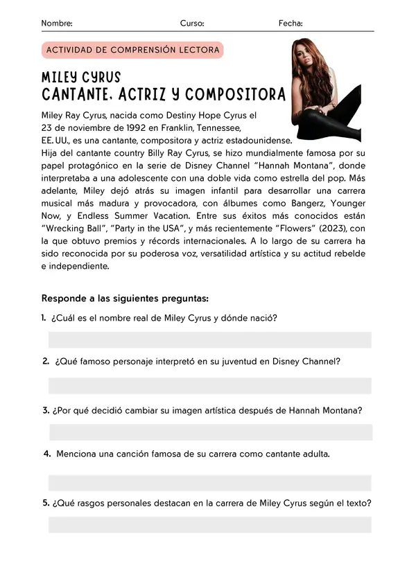Comprensión lectora: Biografía de cantantes 