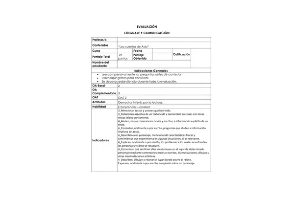 Comprensión de lectura " Los cuentos de Ada"