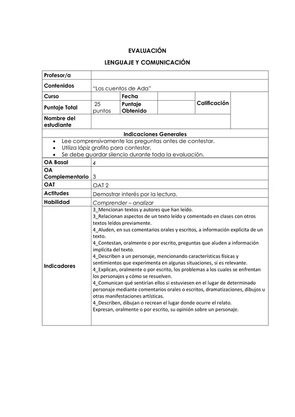 Comprensión de lectura " Los cuentos de Ada"