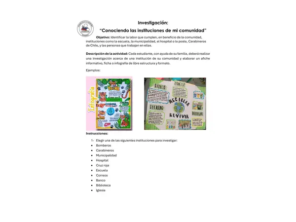 Investigación: "Instituciones de mi comunidad" Instrucciones y rúbrica (EDITABLE)