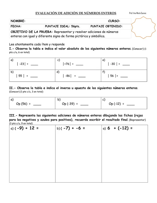 Evaluación Adición de números enteros