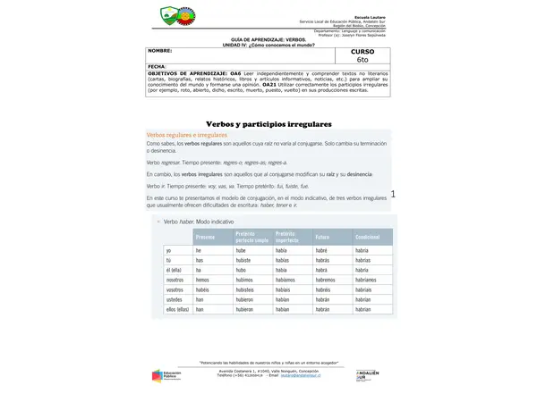 GUÍA DE APRENDIZAJE: VERBOS. UNIDAD IV: ¿Cómo conocemos el mundo?