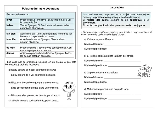 Guía "Palabras juntas o separadas" "La oración" 4° año básico