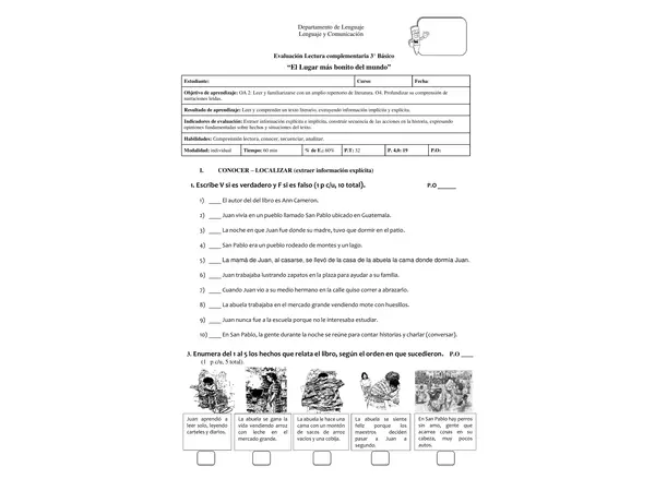 Prueba lectura complementaria "El lugar más bonito del mundo"