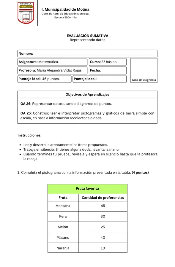 3° básico - Prueba; Representando datos