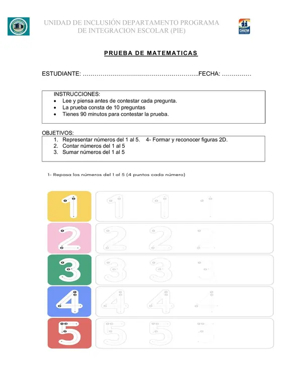 prueba de matematicas 1 al 5 