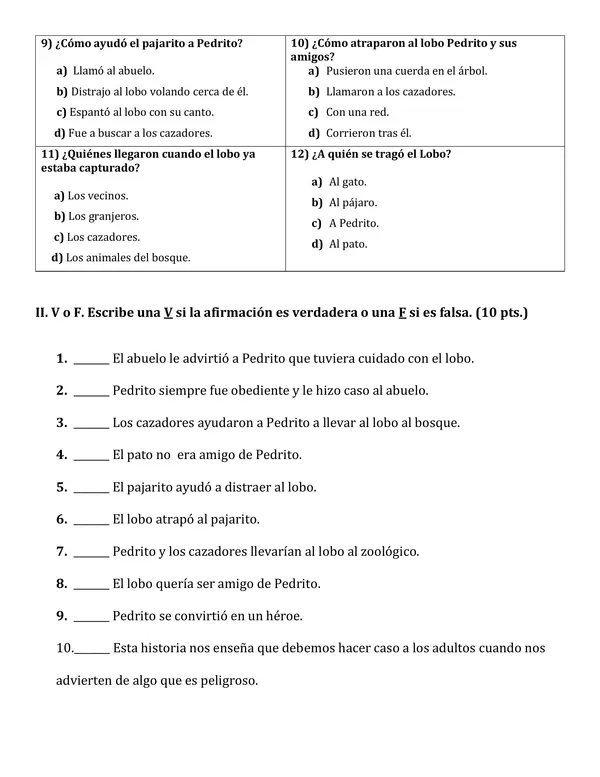 Prueba Pedrito y el lobo 2° básico