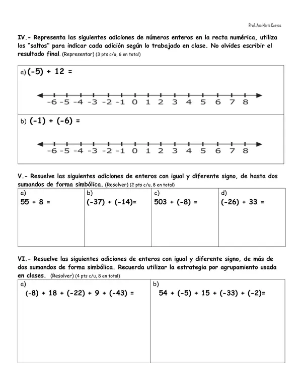 Evaluación Adición de números enteros