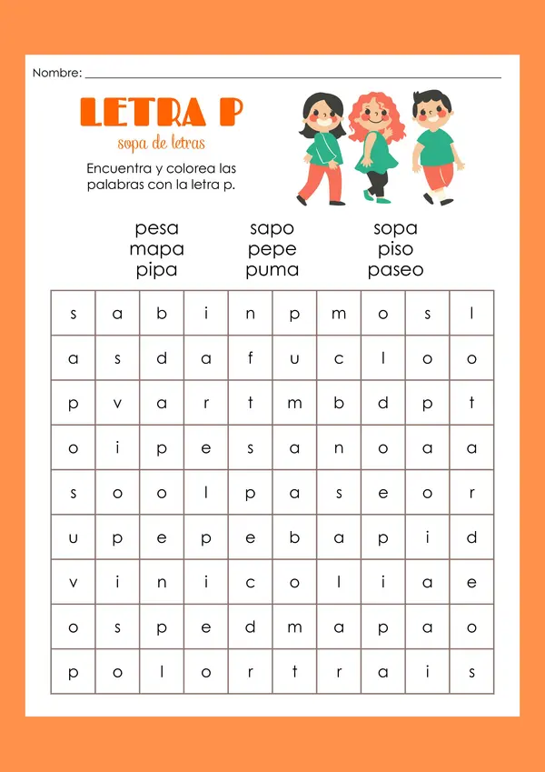 Sopa de letras de la letra P