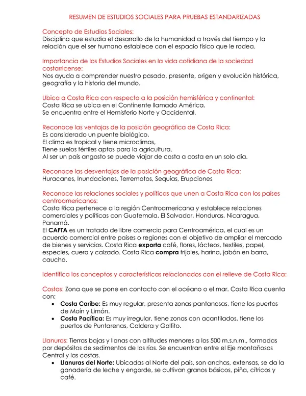 Resumen de Estudios Sociales para la Prueba Estandarizada MEP 2025