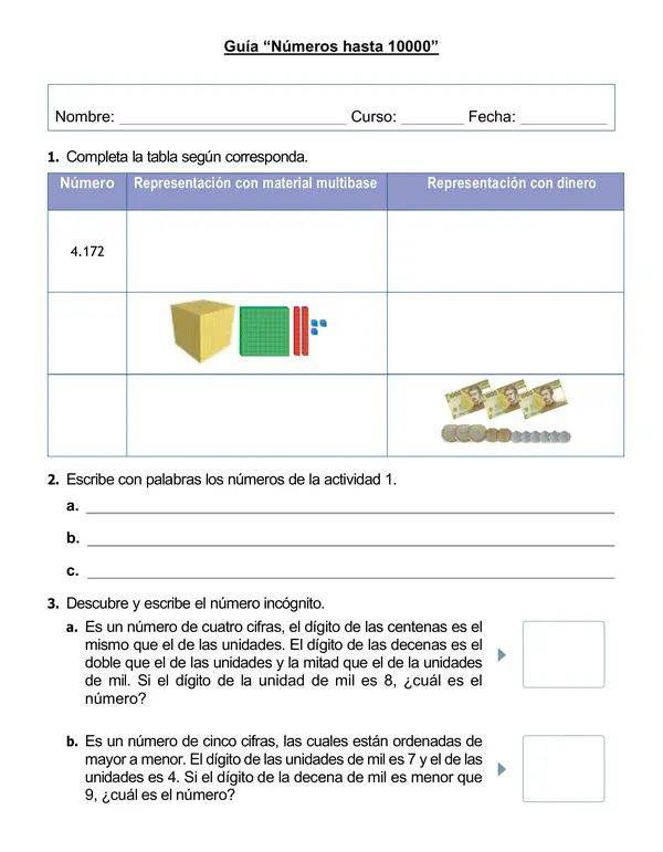 Guía 4° año matemática "Números hasta 10000"