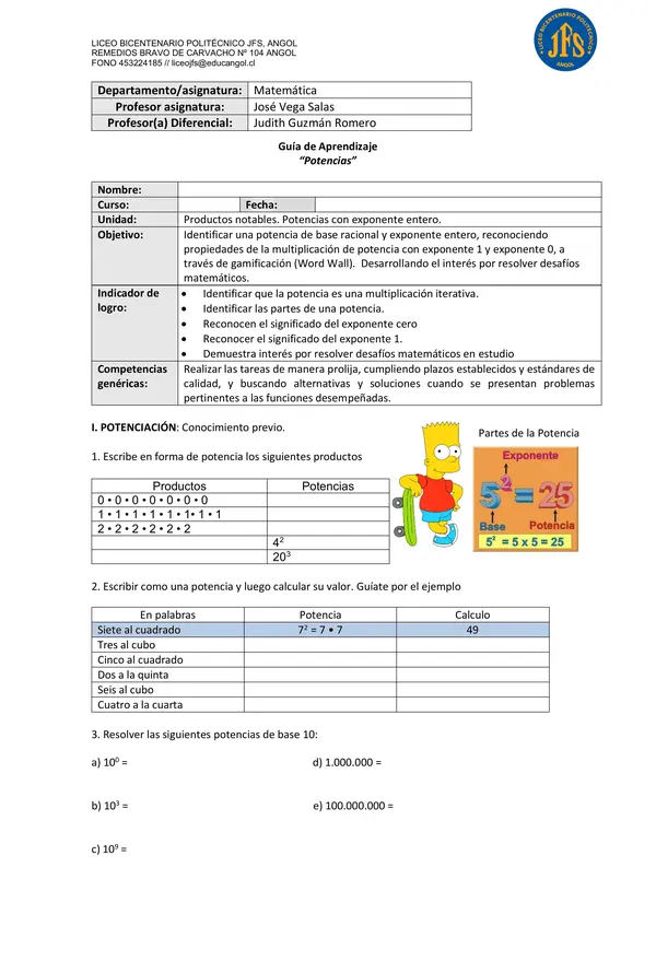 Guía de estudio Potencias 1° medio