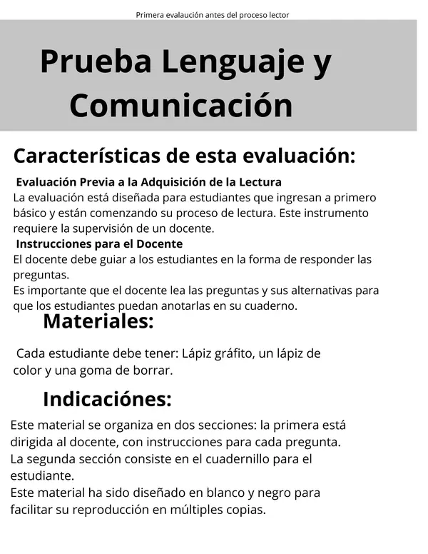 Diagnóstico de Comprensión Lectora con Imágenes | Nivel Inicial – No Lectores / NEE