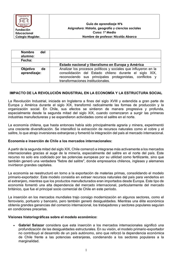 Guía de aprendizaje Industrializacion en Chile