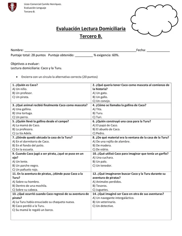 Evaluacion de Lectura 'Caco y la Turu'