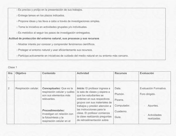 Planificación Clase a Clase Octubre - Ciencias Naturales - Biología - 1° Medio