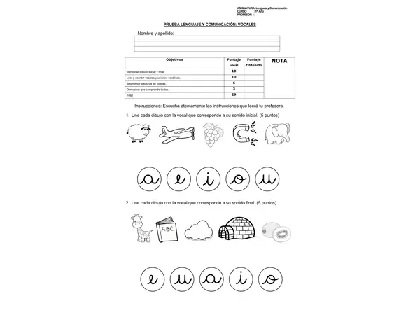 Prueba vocales 1° básico