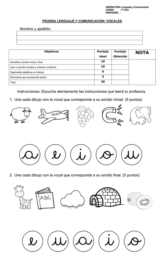 Prueba vocales 1° básico