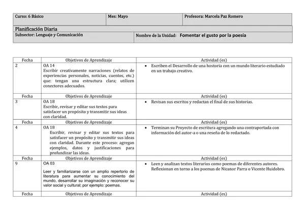 planificación diaria de 6 básico