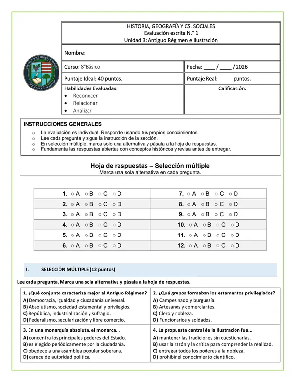 Evaluación - Antiguo Regimen 8°básico