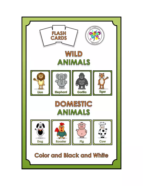 Flash Cards Wild Domestic Animals Cut Color BW