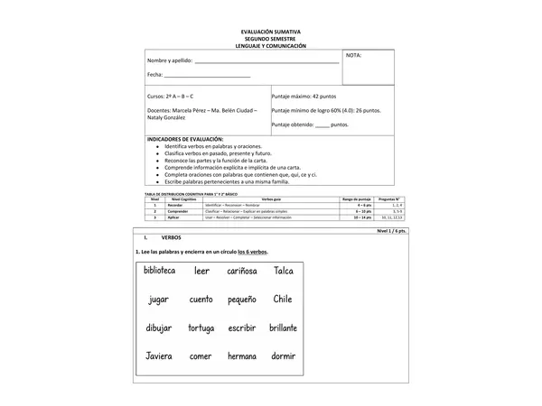 Prueba Verbos, la carta, uso de que-qui/ce-ci y familia de palabras