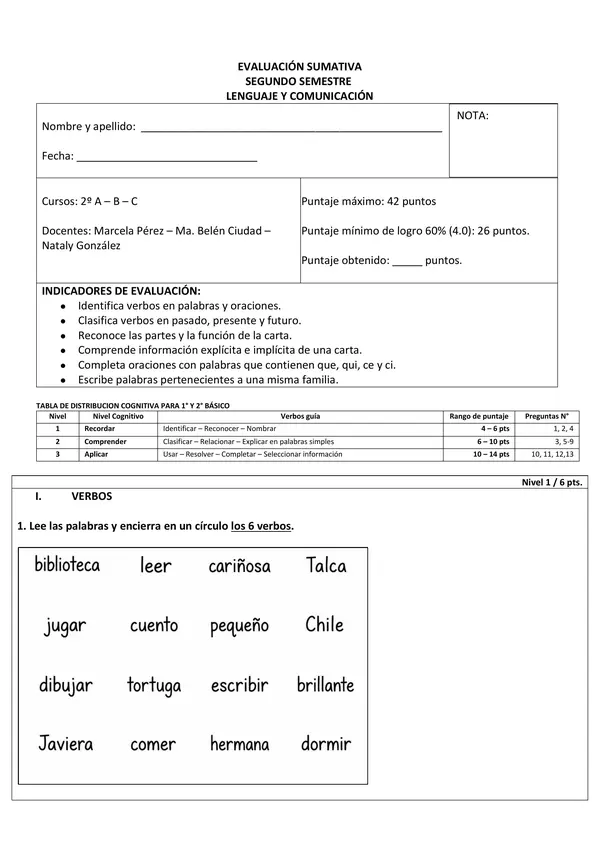 Prueba Verbos, la carta, uso de que-qui/ce-ci y familia de palabras