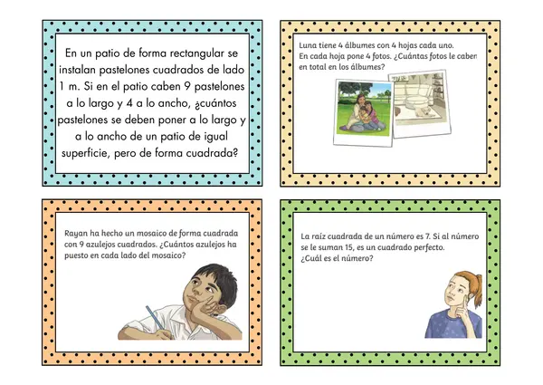 Tarjetas problemas de raíces cuadradas