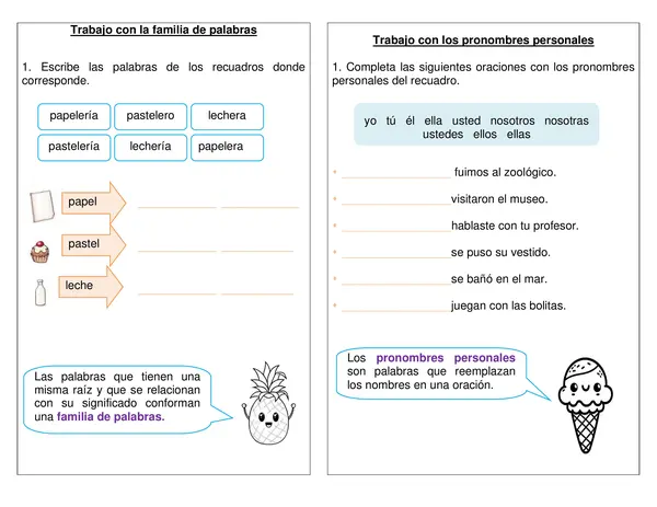 Guía de síntesis "Familia de palabras" "Pronombres personales" Segundo año.