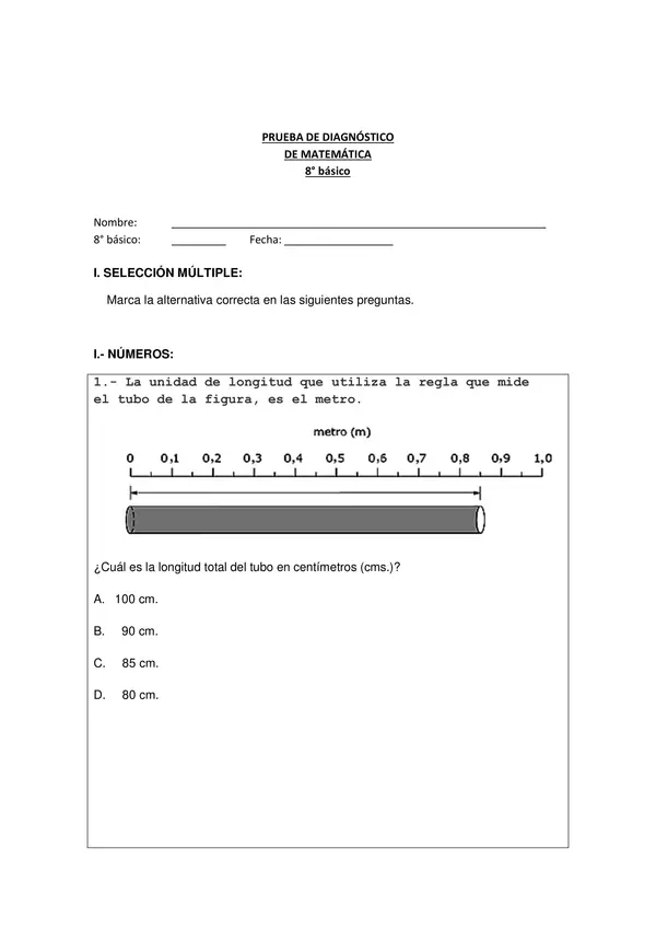 PRUEBA DIAGNOSTICO MATEMATICA, CON SOLUCIONES CATEGORIZADAS  OCTAVO BASICO