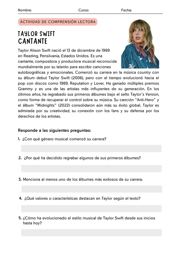 Comprensión lectora: Biografía de cantantes 