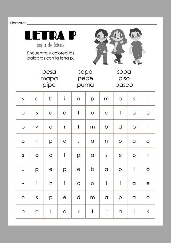 Sopa de letras de la letra P