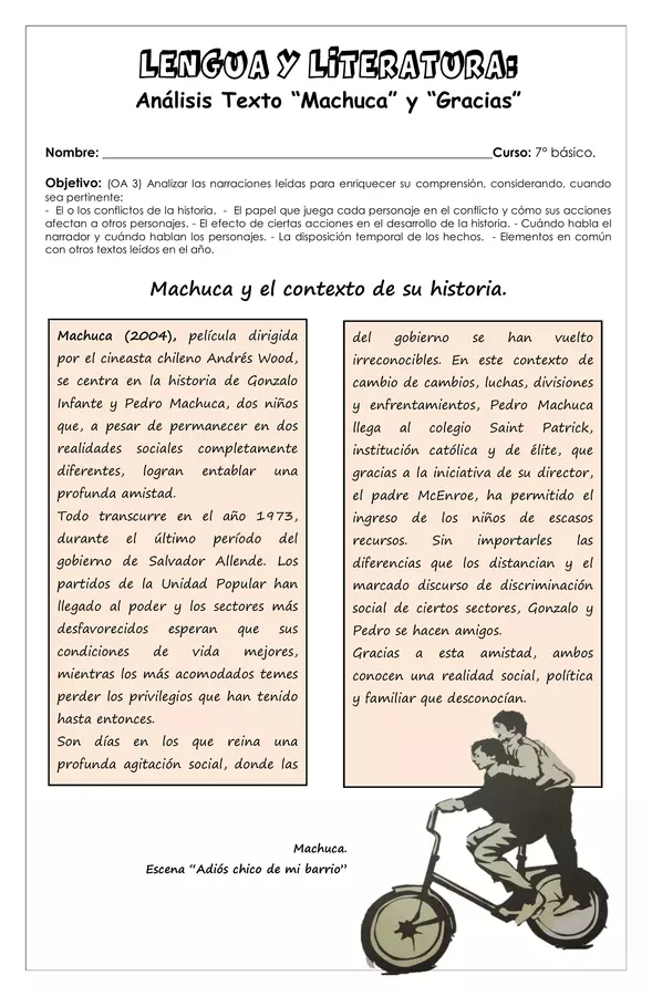Guía de trabajo - Análisis Texto "Machuca" y "Gracias" - 7° básico (Lengua y literatura)