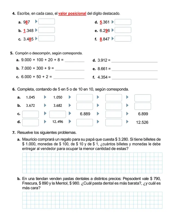 Guía 4° año matemática "Números hasta 10000"