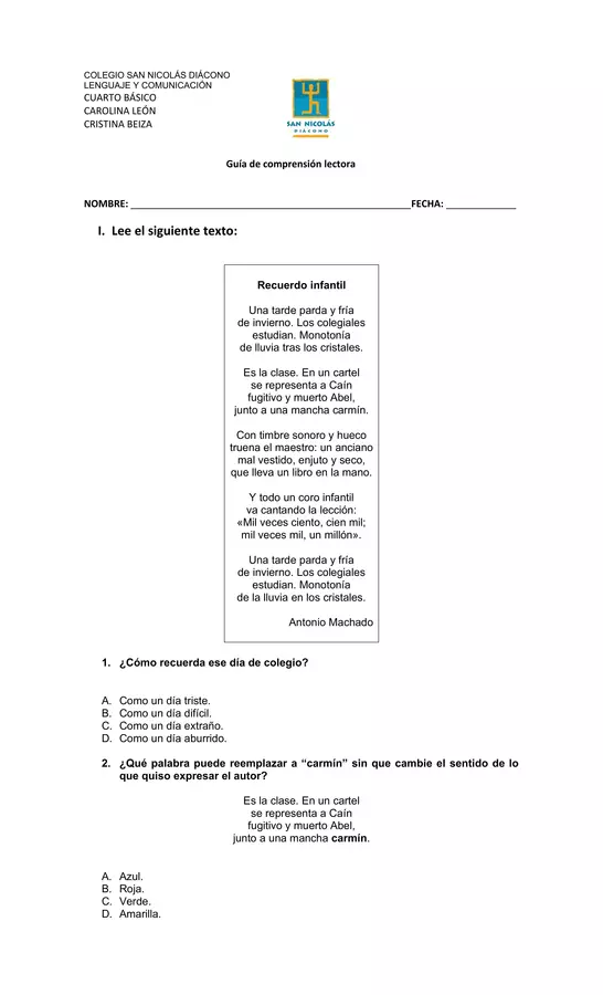 Comprensión lectora poemas.