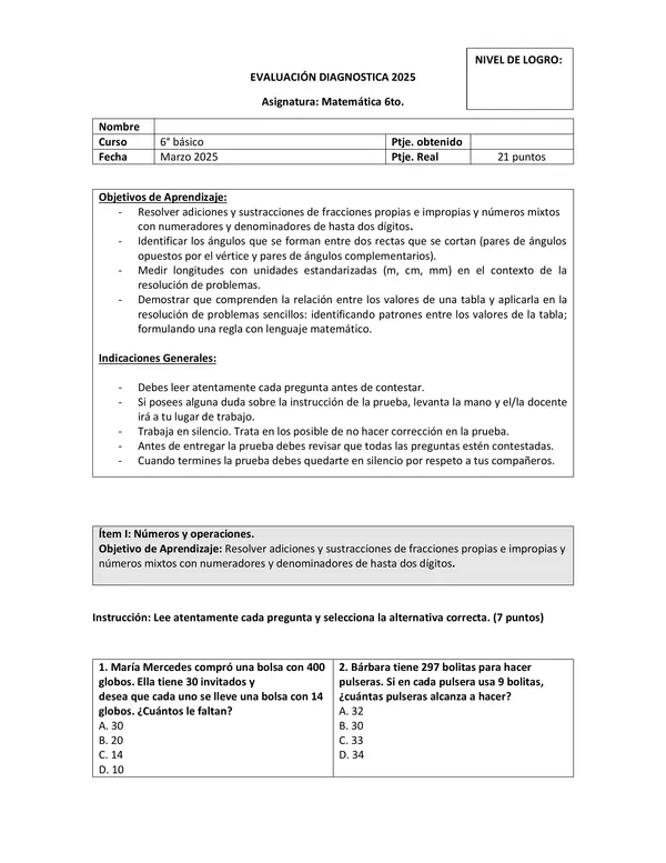 Evaluación Diagnostica Matemática 6to básico con solución.