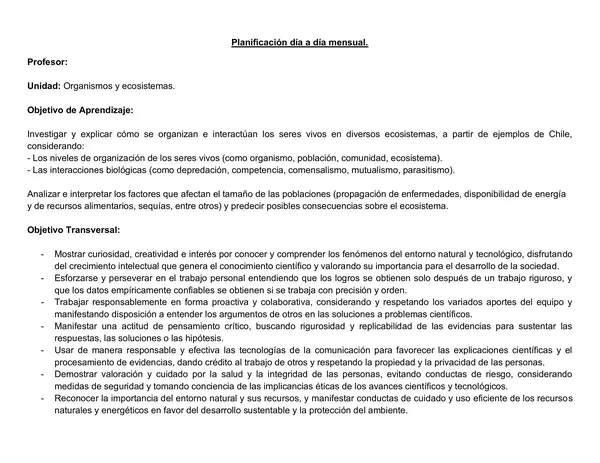 Planificación Clase a Clase Junio - Ciencias Naturales - Biología - 1° Medio
