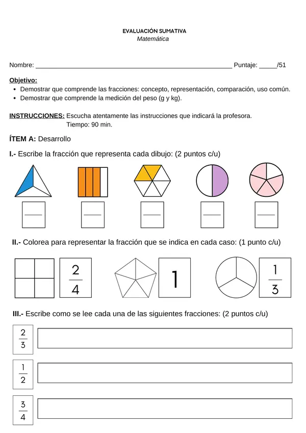 EVALUACIÓN FRACCIONES - KILOS Y GRAMOS 3° BÁSICO