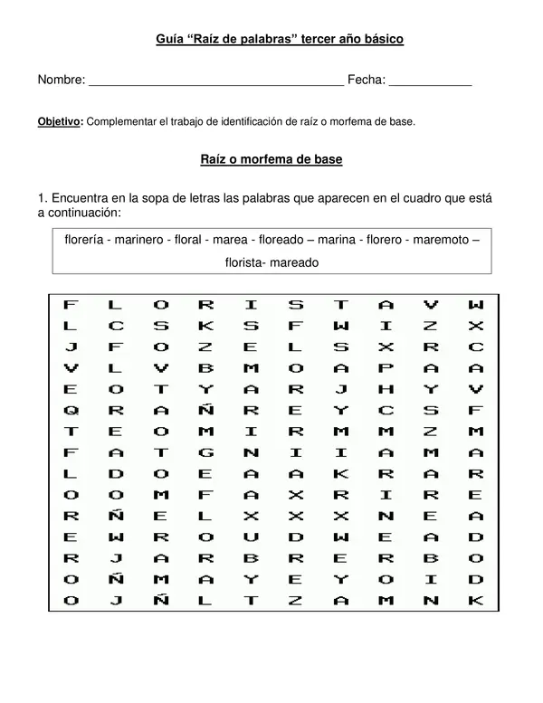 Guía de lenguaje "Raíz de palabra o morfema" tercer año.