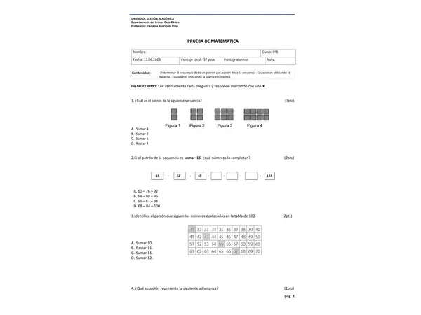 Prueba patrones y ecuaciones  TERCERO