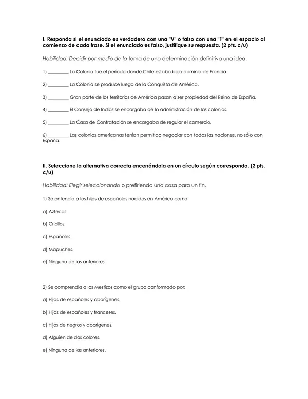 Evaluación Octavo: Unidad 2: Formación de la sociedad americana y del Chile colonial.