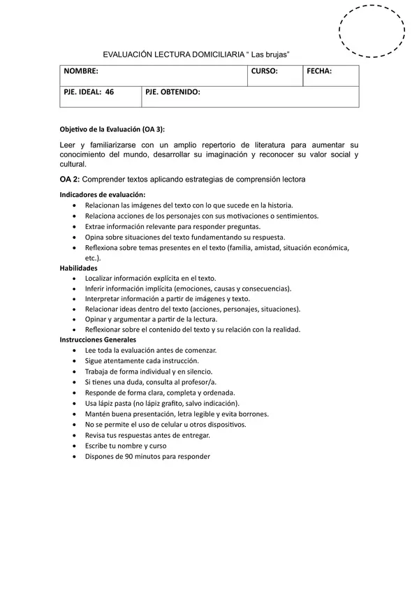 EVALUACIÓN "LAS BRUJAS" ROALD DAHL.