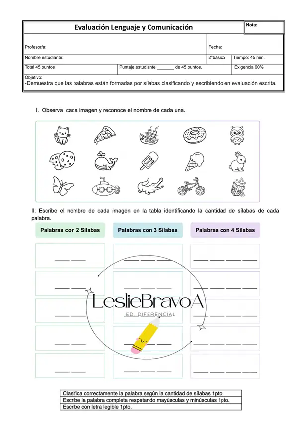 🧠 Test de Conciencia Fonológica – Evaluación de Sílabas | 2° Básico