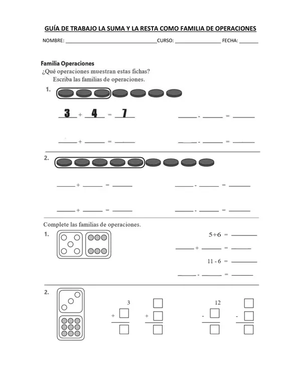guia la suma y la resta como familia de operaciones , segundo basico