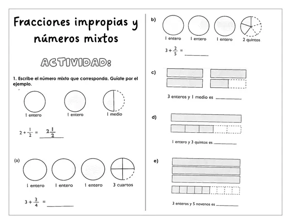 Guía de trabajo - Fracciones impropias y números mixtos